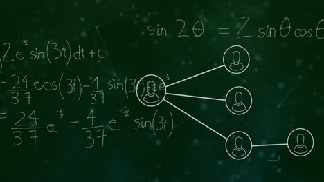 animation of mathematical equations over network of connections with icons on green background