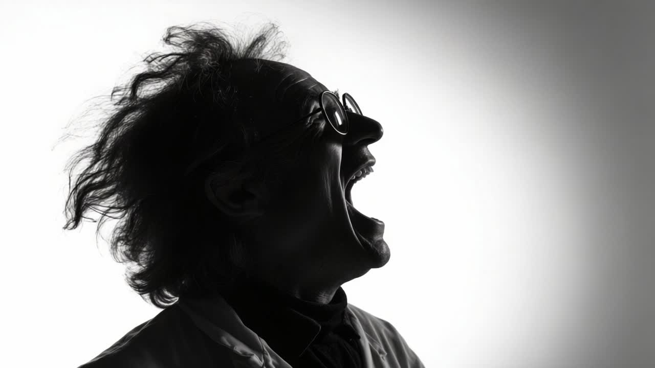 Uma silhueta marcante de um cientista alegre com cabelos despenteados expressando risadas contra um plano de fundo levemente iluminado, capturando a essência da excentricidade e da alegria