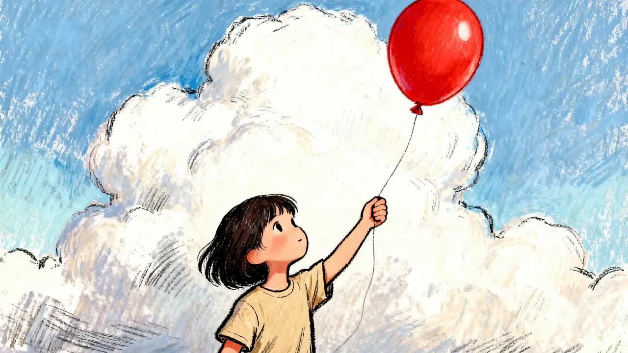 A girl releasing a balloon that rises into the sky