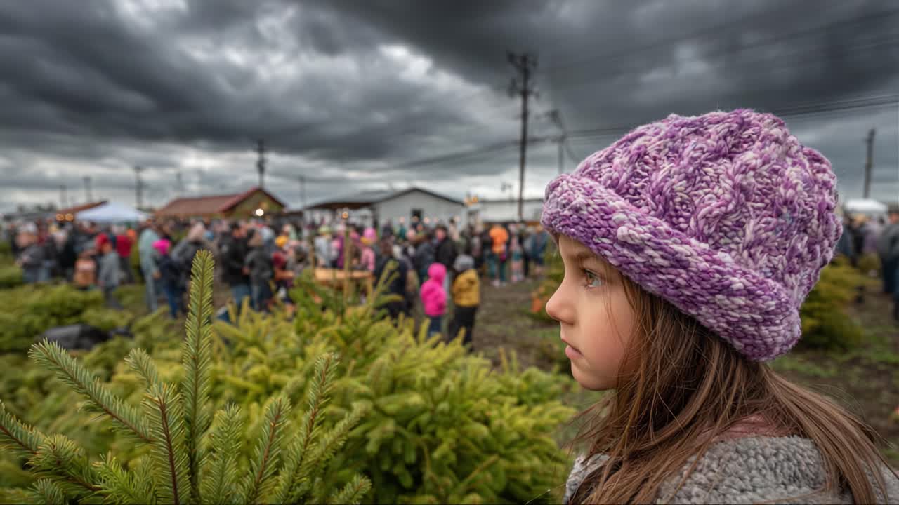 A Pensive Young Girl Observes the Gathering Crowd Under Ominous Clouds at an Outdoor Event Surrounded by Lush Greenery, Capturing a Moment of Reflection and Anticipation