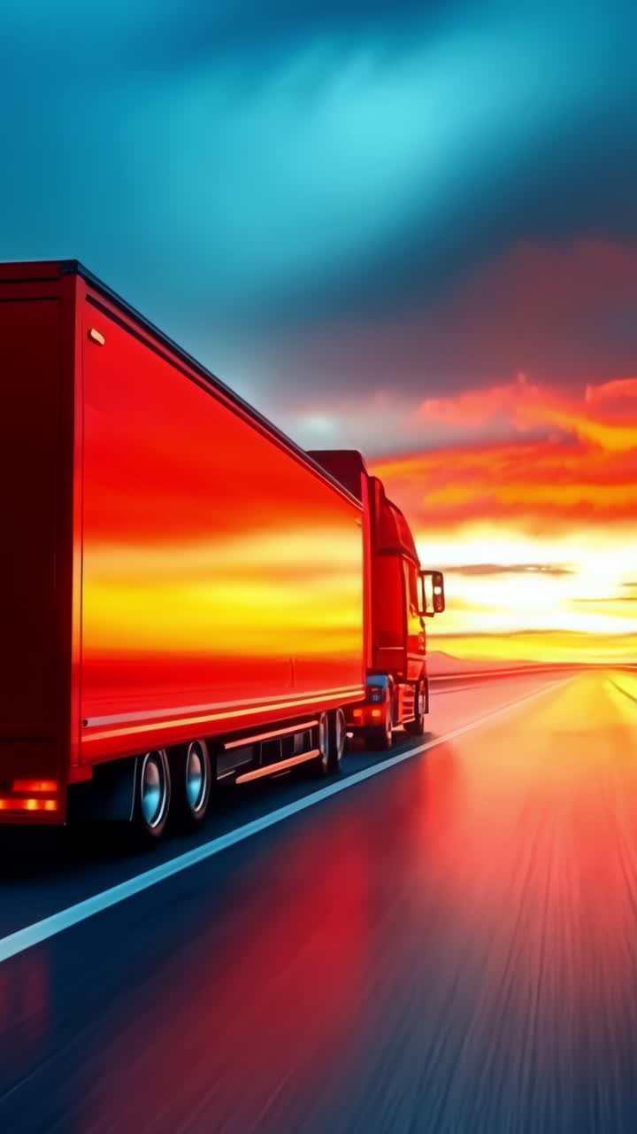 Red truck driving on highway at sunset. A red truck travels down an empty highway with a stunning sunset casting vibrant colors across the sky.