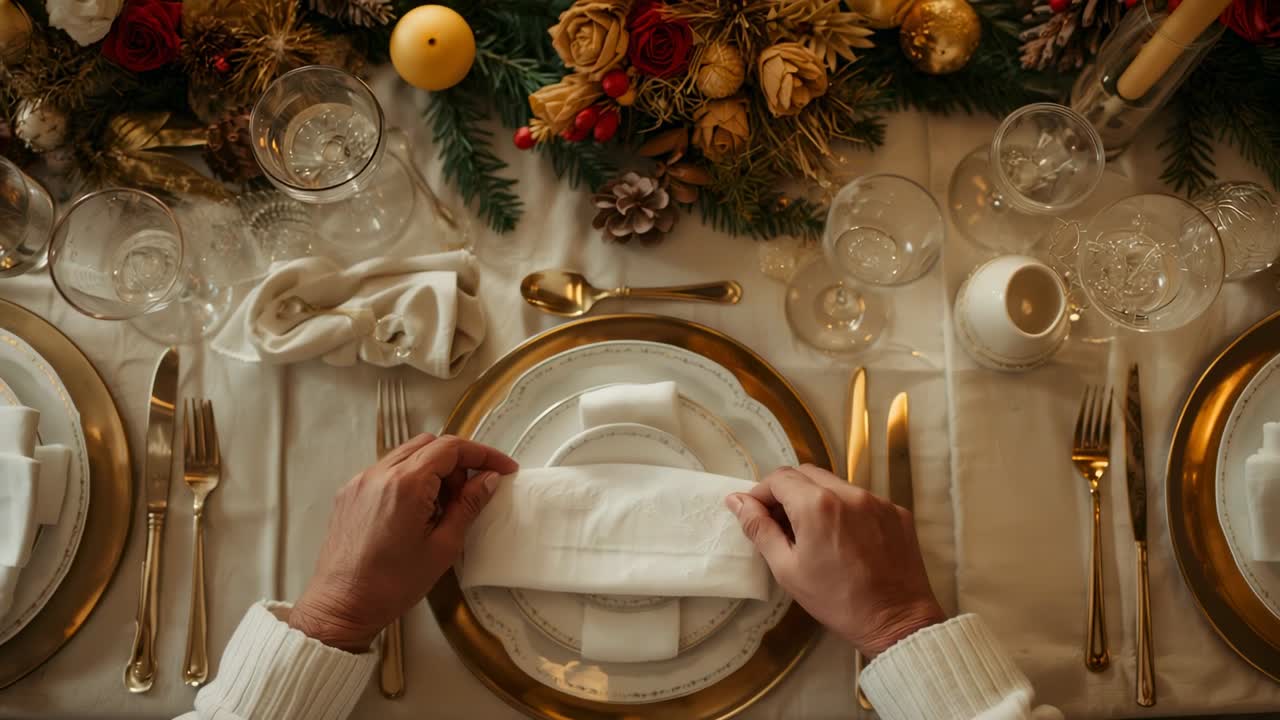 Entering sweater-clad hands adjusting cloth napkin on gold charger plate on table, for formal meal