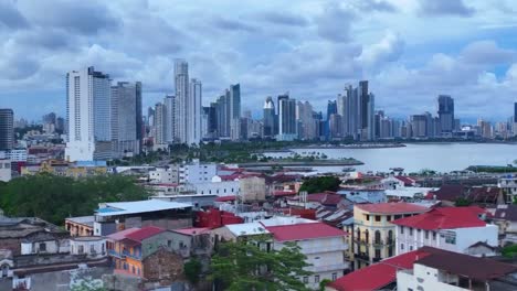 panama city skyline with clouds fly over old town. drone dolly left to right hd