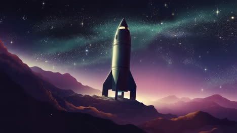 a rocket on an alien planet under a starry nebula sky