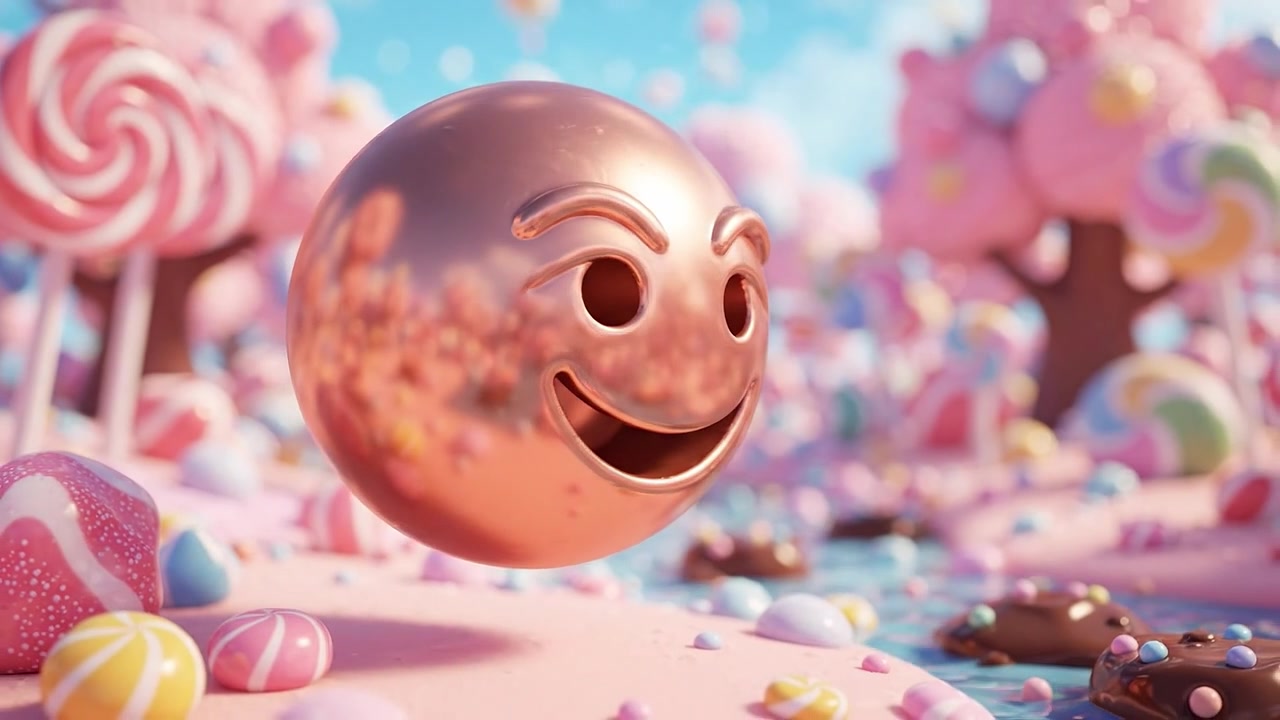 Una faccina sorridente felice in un paese delle meraviglie di caramelle con dolcetti colorati e alberi vivaci, che cattura un'atmosfera giocosa in una terra magica di dolci e gioia.