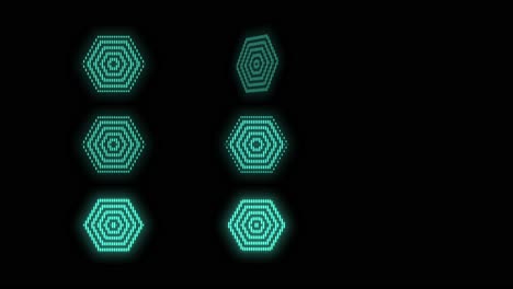 hexagons geometric icons in rows with neon light on black gradient