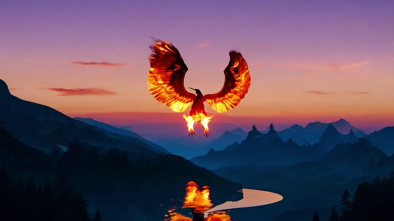웅장한 피닉스 새는 호수와 산 위를 날아다니며, 멋진 해가 지는 배경에 반이는 날개를 보여줍니다.