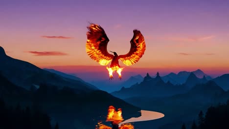 majestic phoenix bird soars over a lake and mountains, showcasing glowing wings against a stunning sunset backdrop