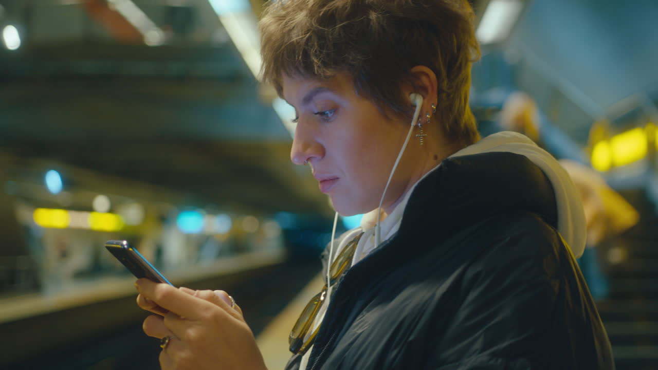 Woman Texting on Phone while Waiting on Subway Platform