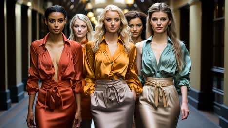 models showcase stylish outfits in a modern indoor setting