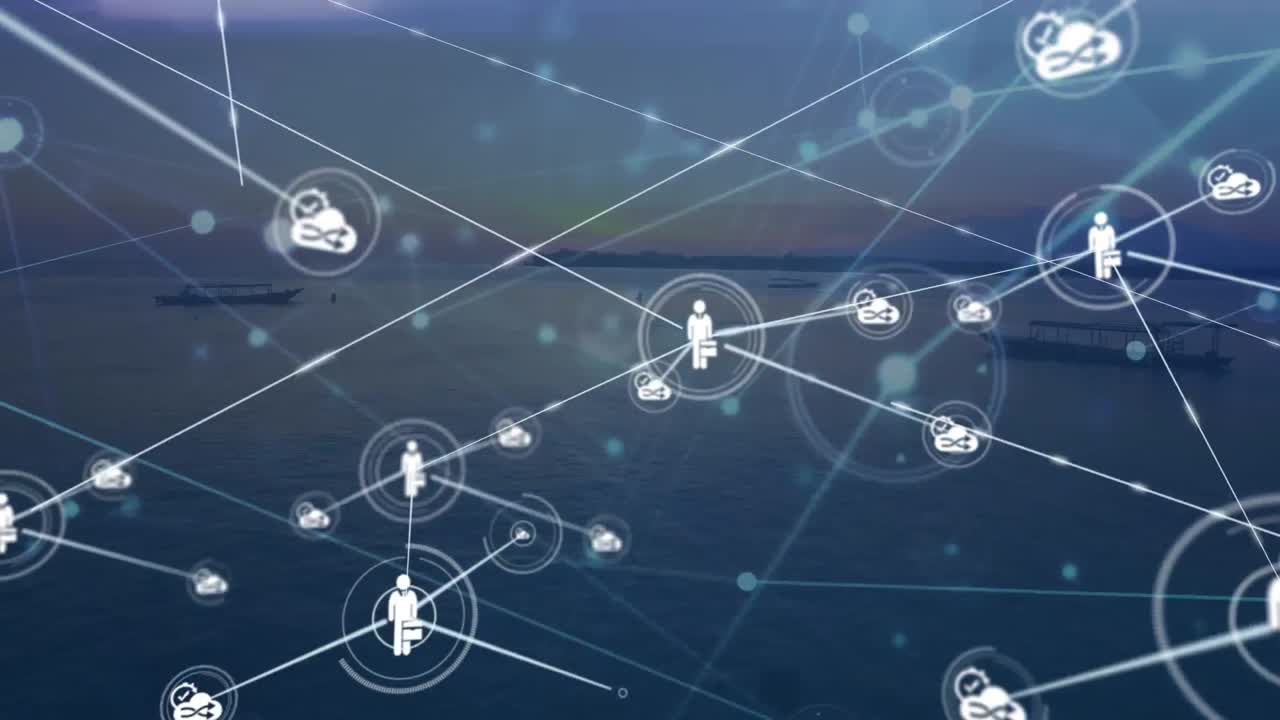 바다와 해가 지는 하늘에서 배의 공중 전망에 대 한 디지털 아이콘의 네트워크의 애니메이션