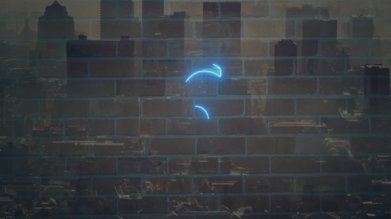 Flat design neon blue numeral five glowing on brick wall, showcasing hazy city skyline grid