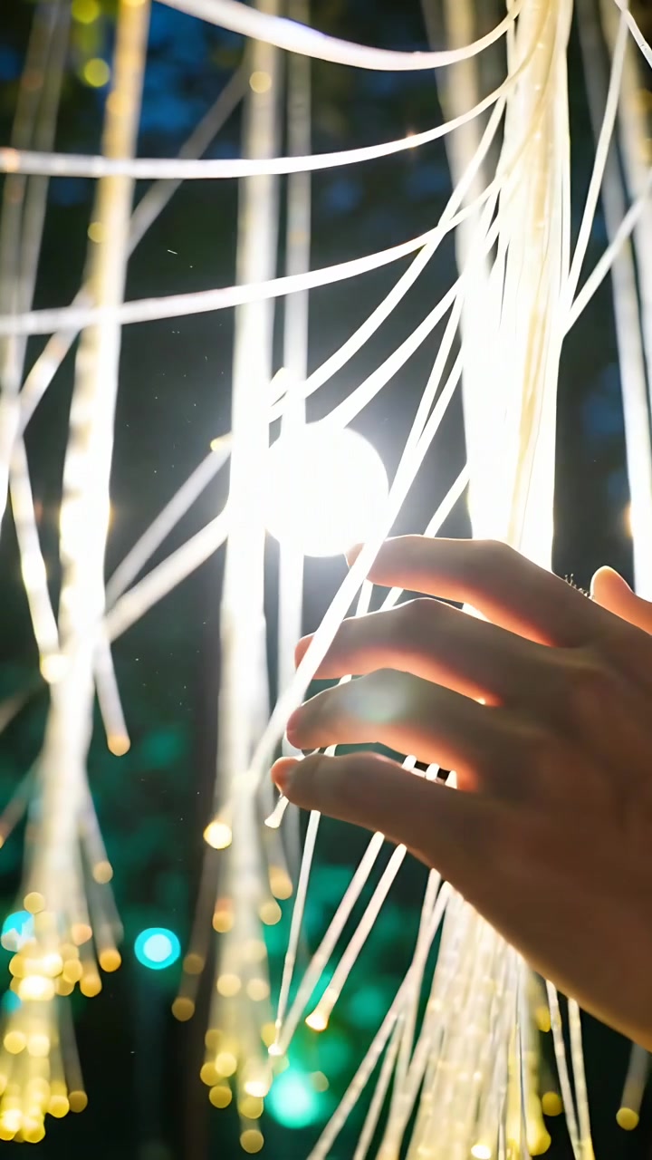 Video verticale: Mano destra che si allunga verso una lampadina luminosa, passando fili di fibra illuminati di notte.