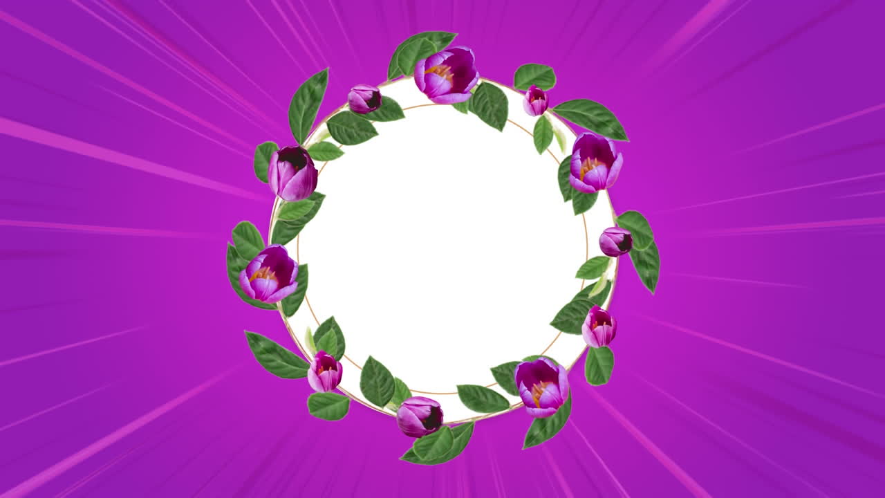 círculo blanco con hojas y flores sobre haces de luz