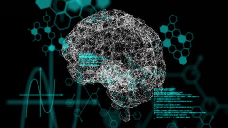 procesamiento digital de datos del cerebro con animación de red neuronal sobre patrones hexagonales