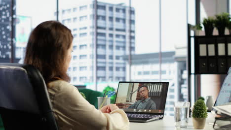 female director discusses corporate social responsibility on videocall