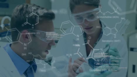 animación de datos científicos sobre científicos caucásicos masculinos y femeninos en el laboratorio