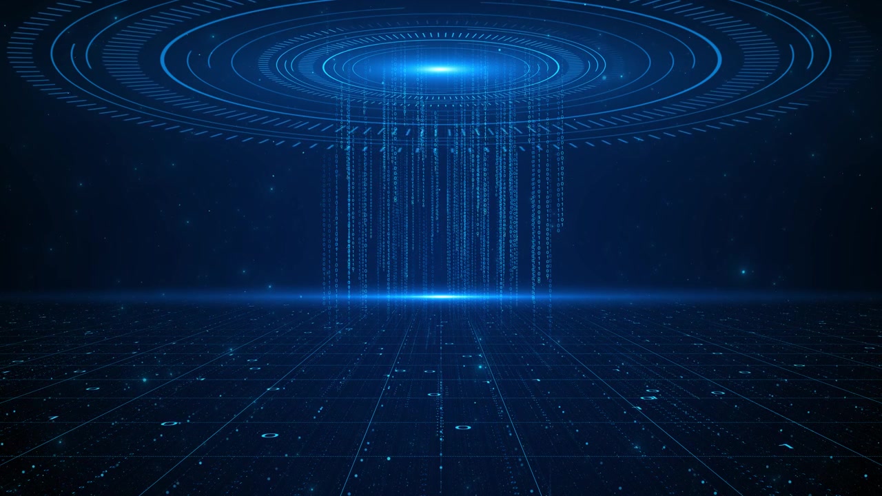 Portale digitale blu, anelli circolari, codice binario che cade, pavimento a griglia luminosa, profondo cyberspazio per video AI.