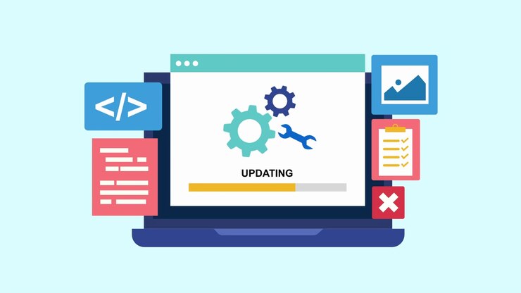 Display animato di laptop che mostra il processo di aggiornamento software