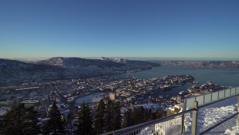 Motion-shot-walking-along-railings-on-mount-Floyen,-Beautiful-view-over-Bergen-City