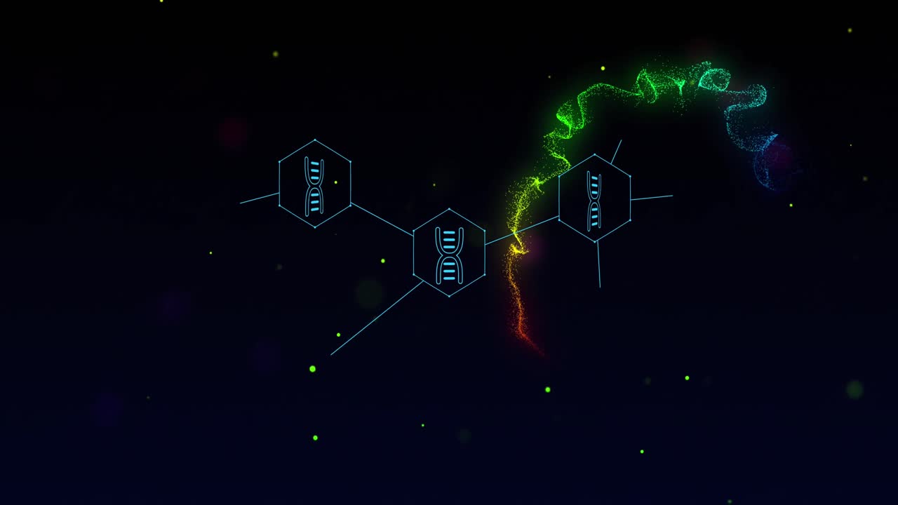Animation of rainbow flares and medical icons and data processing on black background