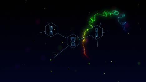 animation of rainbow flares and medical icons and data processing on black background