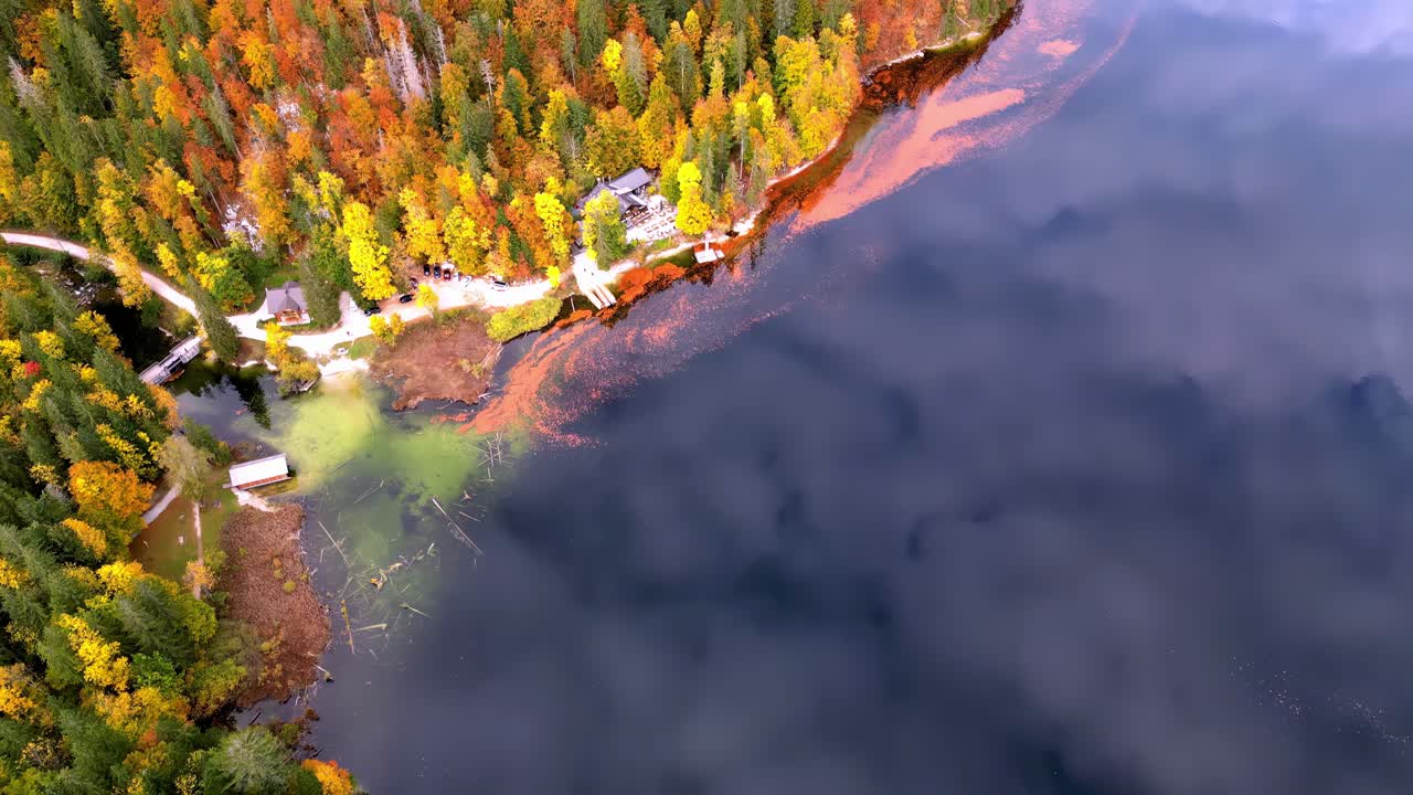 Una splendida vista di un lago dorato con un molo e alberi sullo sfondo