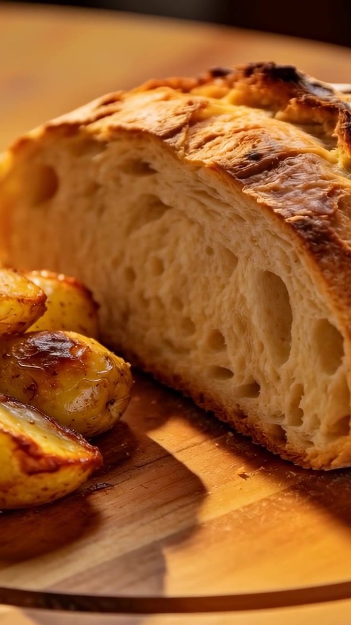 Video verticale: Telecamera che si avvicina, pagnotta e patate arrosto che mostrano la mollica su un tagliere con luce calda.