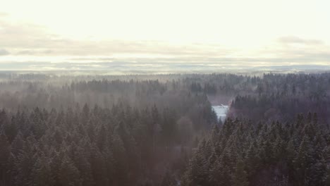 Timelapse-of-a-house-inside-of-a-forest-while-fog-is-wandering-over-the-trees