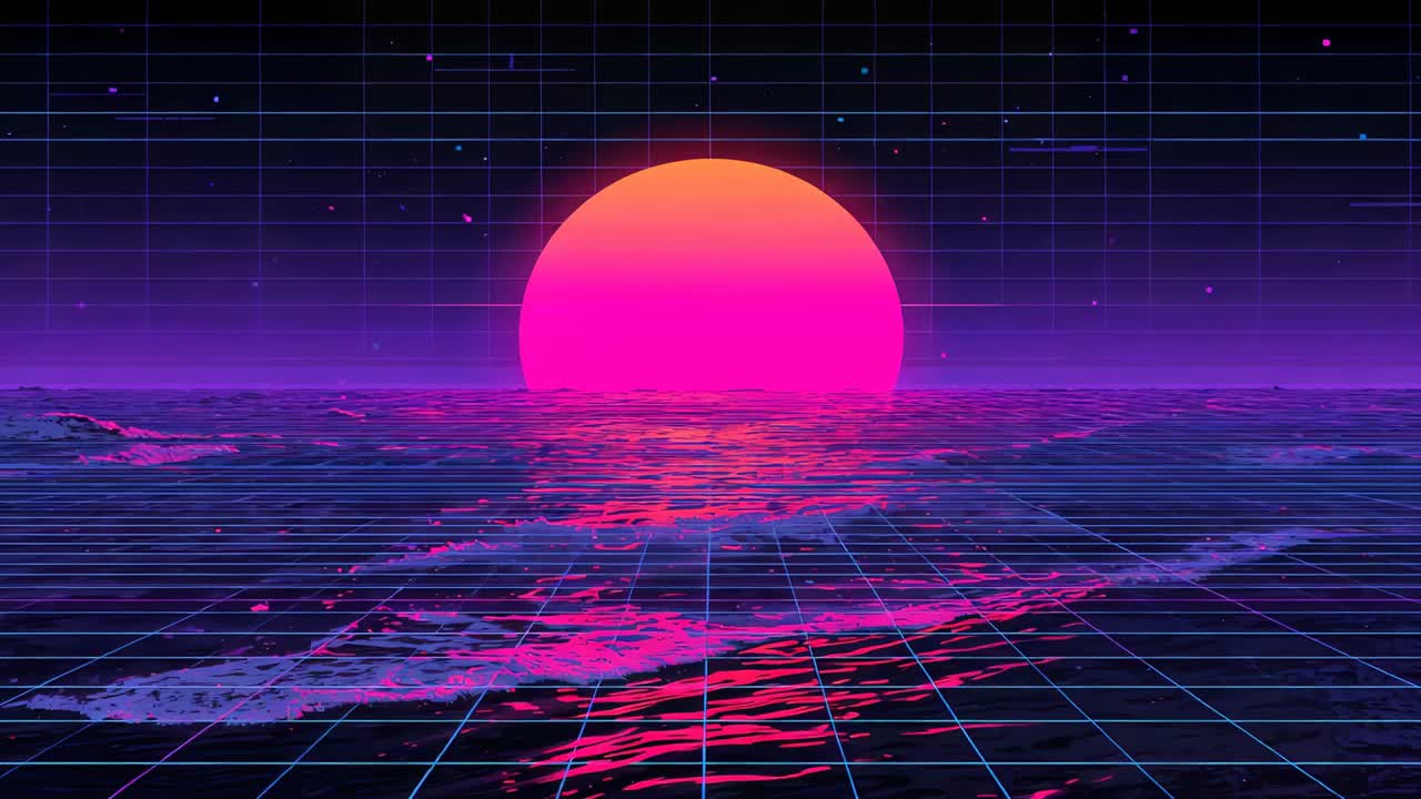 Advancing rolling wave forms shifting sun reflection and distorting cyan wireframe grid at horizon