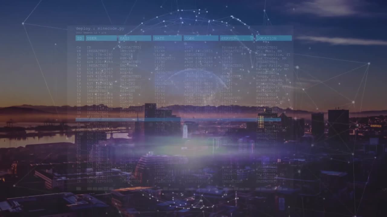 Animation of interface with data processing over spinning globe against aerial view of cityscape