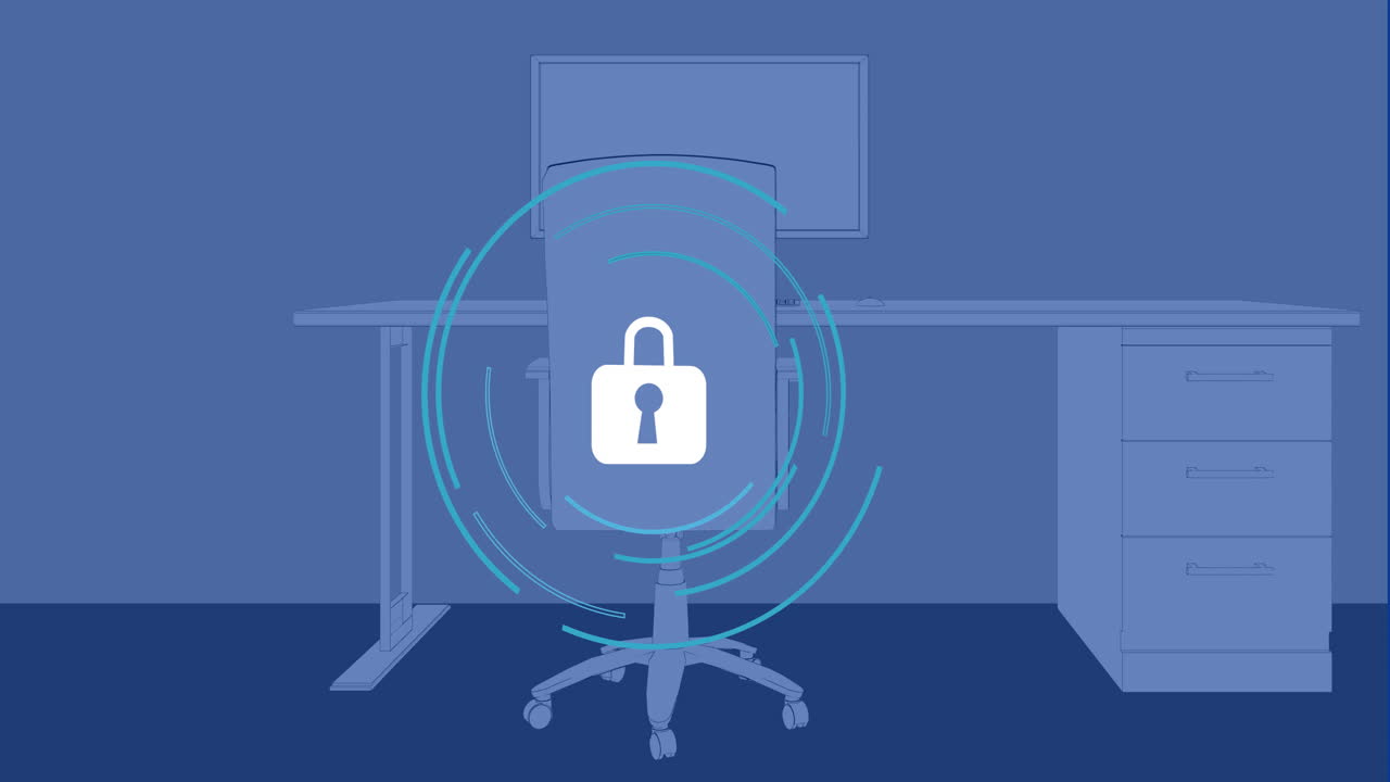 Animation of lock symbol with digital waves over office desk and chair