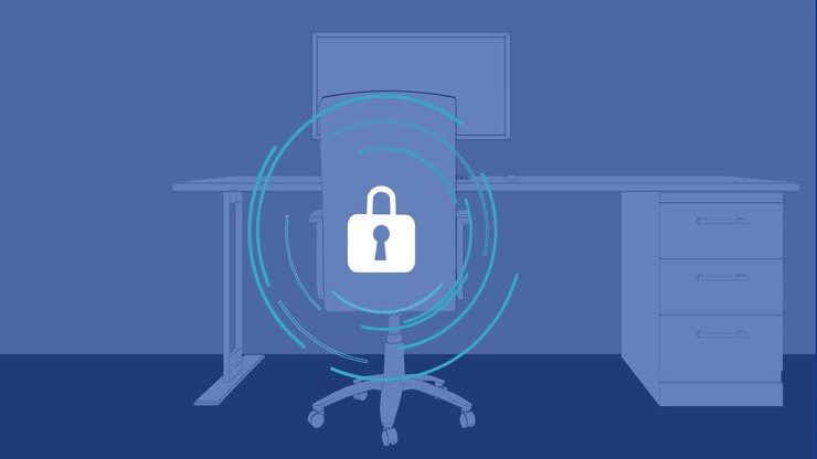 Animation of lock symbol with digital waves over office desk and chair