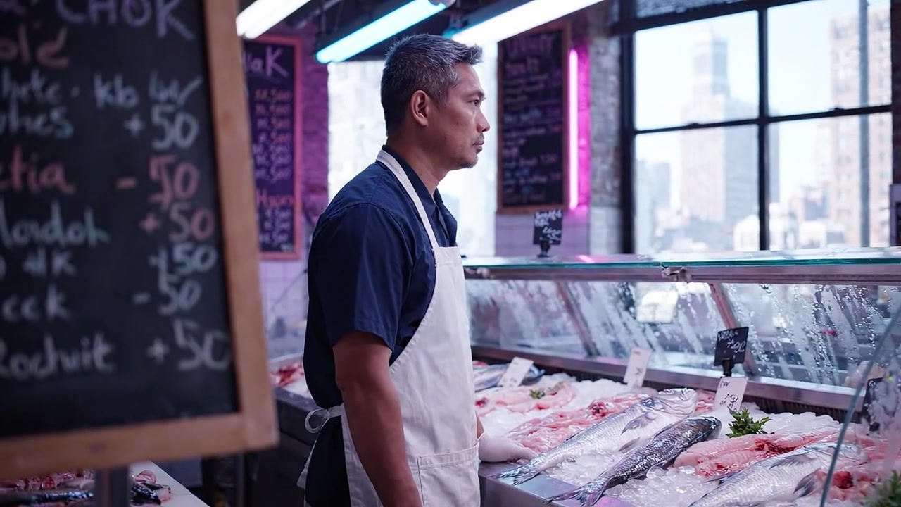 Um Peixeiro Avaliando Frutos do Mar Frescos Num Mercado com Luzes de Néon e Vista Urbana, Destacando a Atmosfera Vibrante e a Qualidade dos Produtos de Peixe à Venda