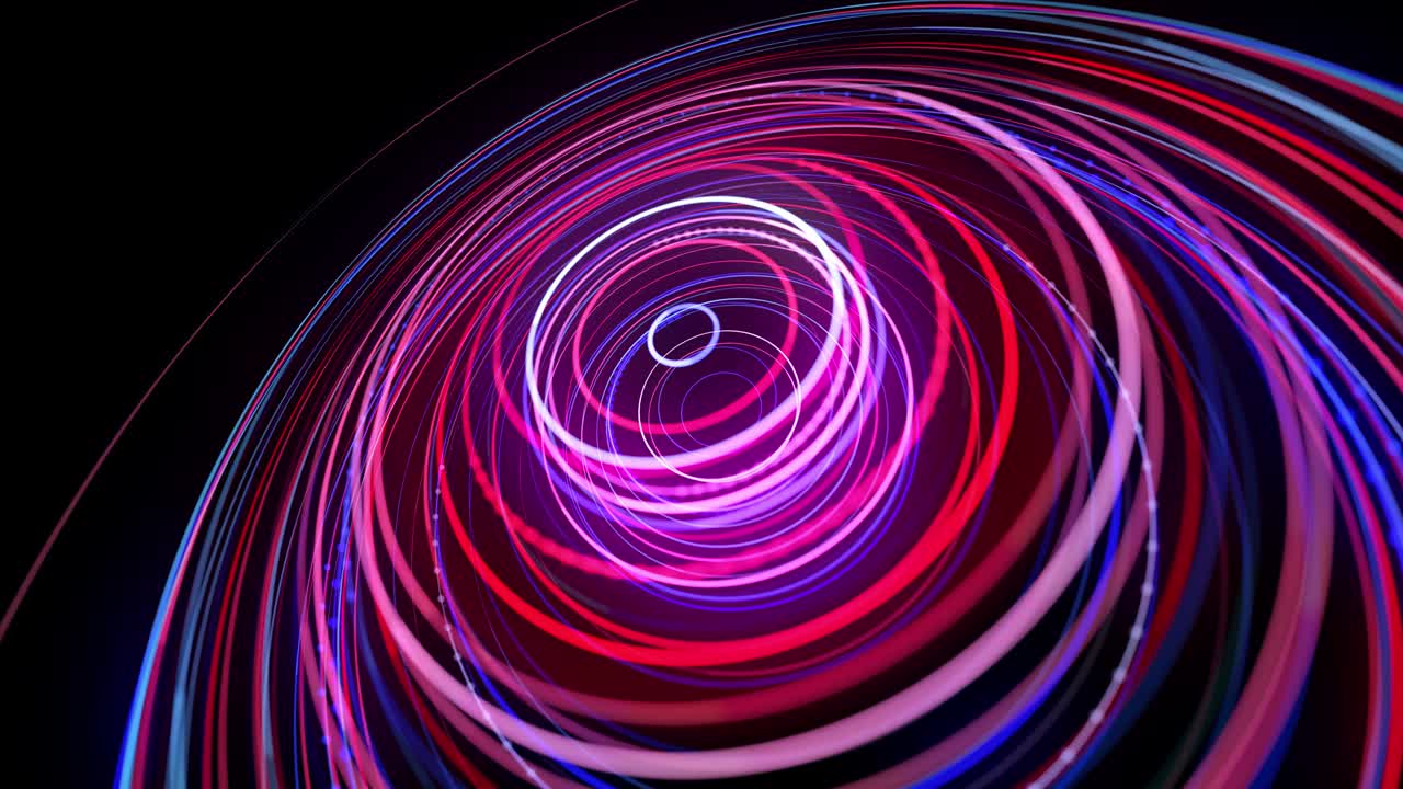 Light flow in ring structure, bg in 4k. Abstract looped background with light trails, stream of red blue neon lines in space form rings. Modern trendy motion design background. Light effect,
