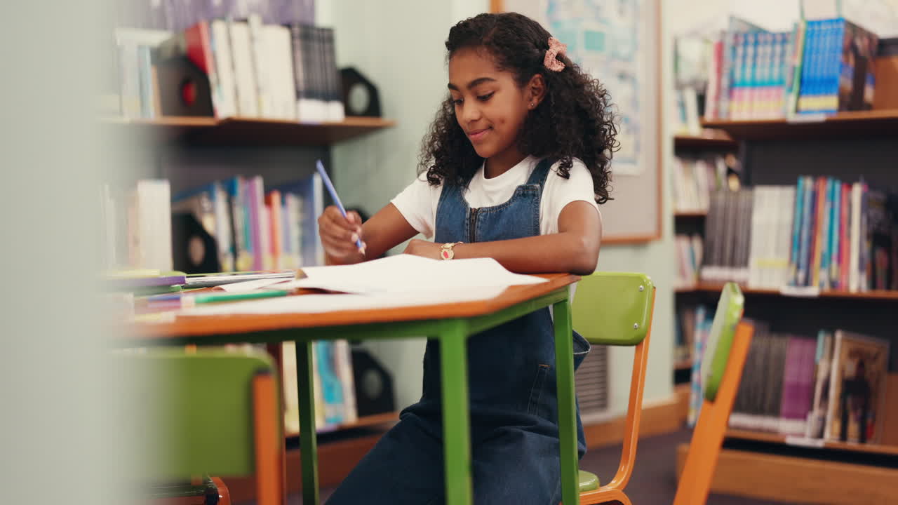 Young girl studying in a library