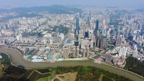 aerial view over shenzhen skyline on a beautiful clear day