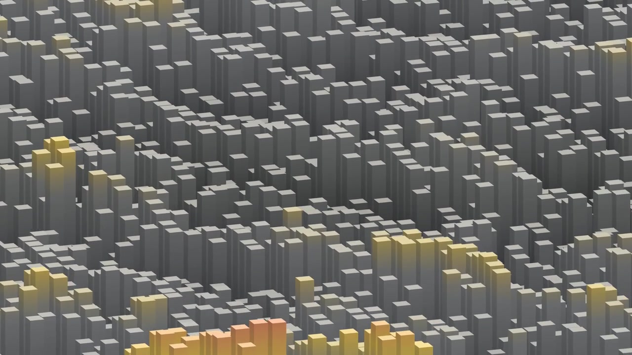 Rotierende 3D-Balkendiagramme, loopbare isometrische Stadt, Datenvisualisierung, dynamische abstrakte digitale Stadtlandschaft mit geometrischen Blöcken, die ständig auf- und absteigen.