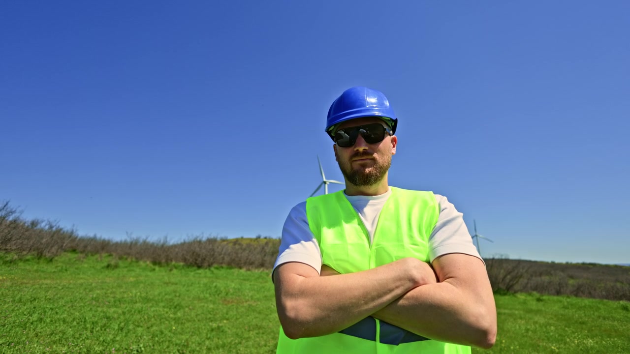 Ingeniero eólico de pie en un campo, con chaleco de seguridad y sombrero, observando aerogeneradores bajo un cielo azul claro.