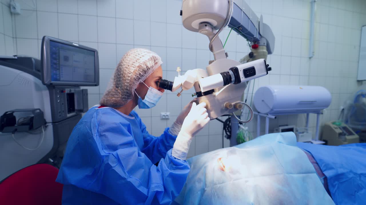 Laser vision correction. Patient and surgeon in the operating room during ophthalmic surgery