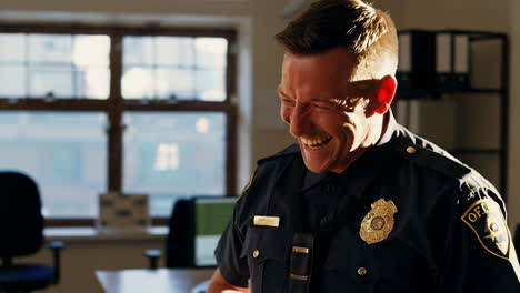 police officer laughing in office