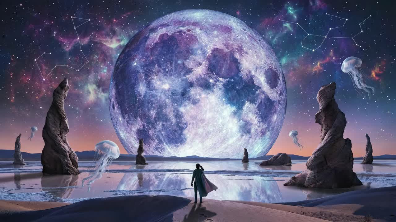 Paesaggio surreale di una spiaggia con luna, stelle e meduse