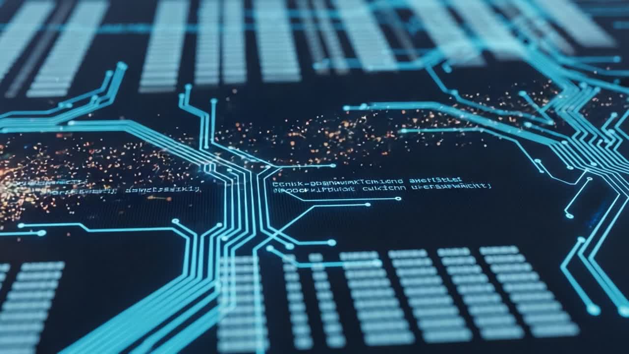 Abstract Representation of a Digital Circuit Board, Showcasing Intricate Connectivity and Data Flow with Bright Sparks Illuminating the Pathways of Technology