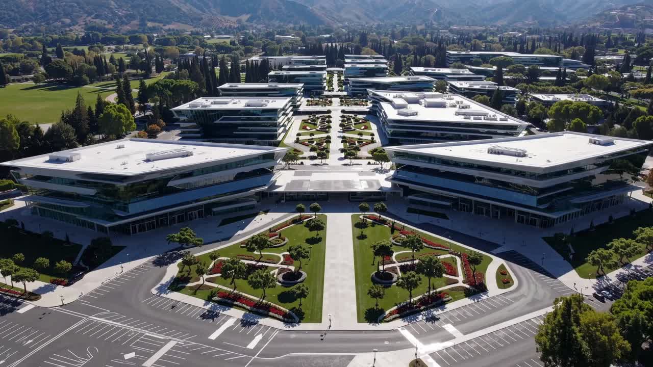 Aerial view of modern architectural complex with landscaped gardens, showcasing vibrant greenery and innovative design elements in a harmonious outdoor environment