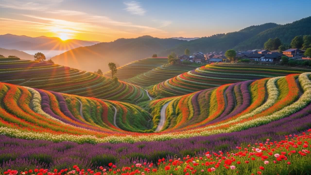 A Captivating Sunrise Over Vibrant Flower Terraces: Nature's Colorful Patterns in a Serene Landscape Captured in Glorious Light