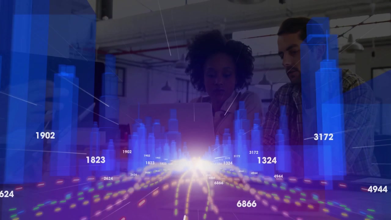 Three coworkers leaning over laptop in office, visualizing business data with floating bar charts