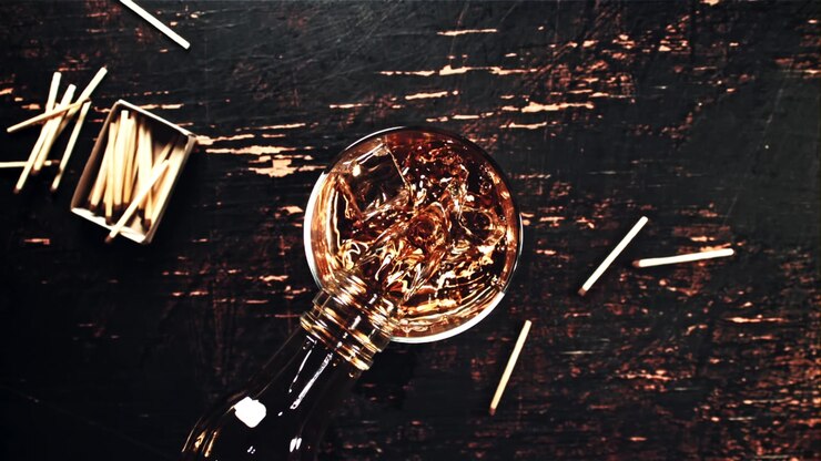 Movimento rallentato: Whiskey versato in un bicchiere con ghiaccio
