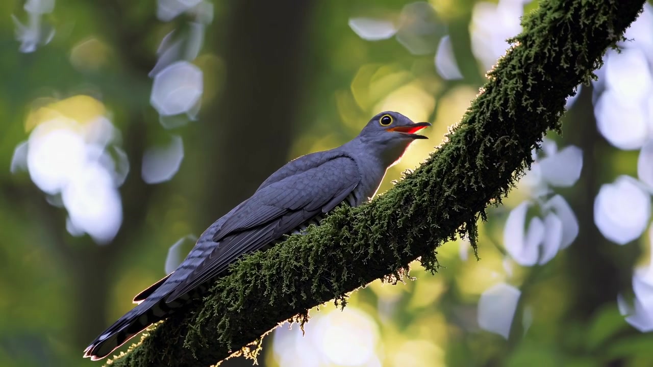 Cuculo comune appollaiato su un ramo coperto di muschio nella foresta
