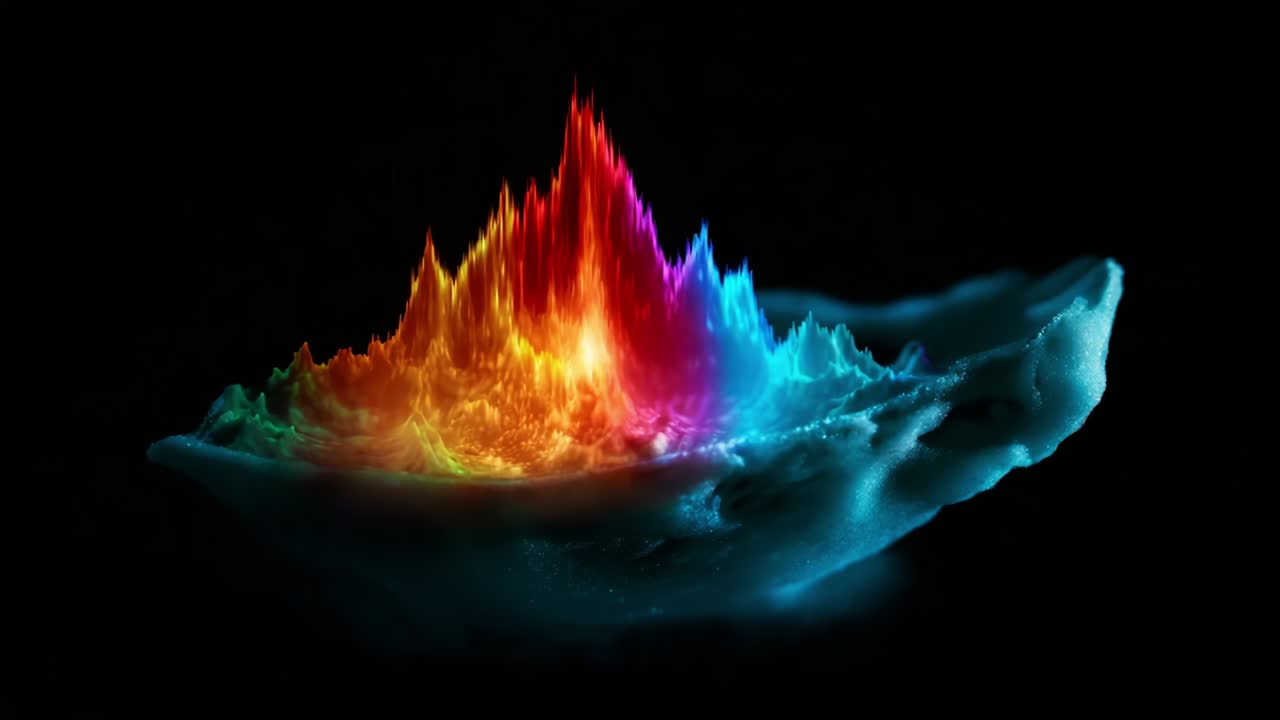 A stunning visual representation of sound waves captured in vibrant colors, showcasing the mesmerizing interplay of light and shape as the multicolored peaks rise dramatically from a fluid surface