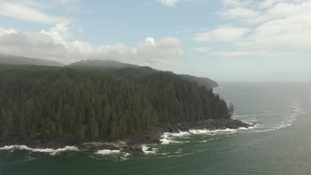 hermosa vista aérea del paisaje de la rocosa costa del océano pacífico en el sur de la isla de vancouver durante un día soleado de verano